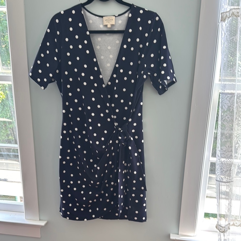Sezane Blue and White Wrap Mini Dress V-Neck Short Sleeve
